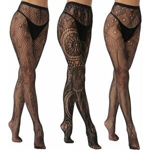 Women's Black Fishnet Tights with Floral and Geometric Patterns Stylish